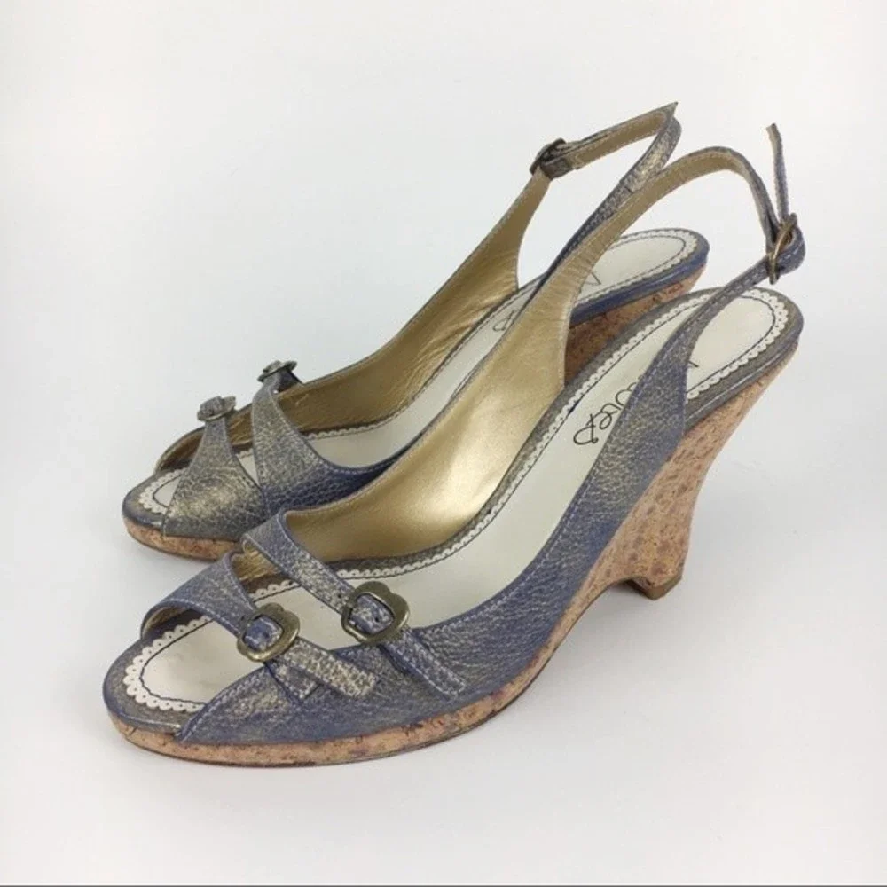Maloles Womens 36 5.5 - 6 Purple Gold Metallic Leather Wedge Sandals Heels Shoes